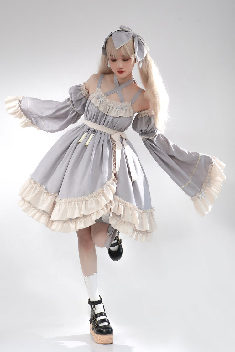 Grey [Monet Estate] Sleeveless High Waisted Ruffle Bowknot Asymmetric Sweet Lolita Jsk Dress - Product - 11