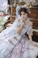 Blue [Moonlight Melody] Off Shoulder Sleeveless Multi-Layered Hanayome Open-Front Bow Lace Sweet Gorgeous Lolita Jsk Dress Set - Product - 8