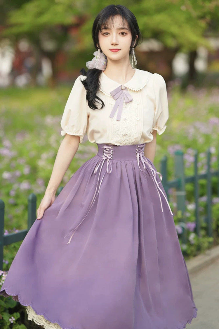 Solid Color Lapel Collar Short Sleeves High Waisted Lace-Up Wave Hem Classic Lolita Two-Piece Skirt Set 7 Colors - Purple - 1