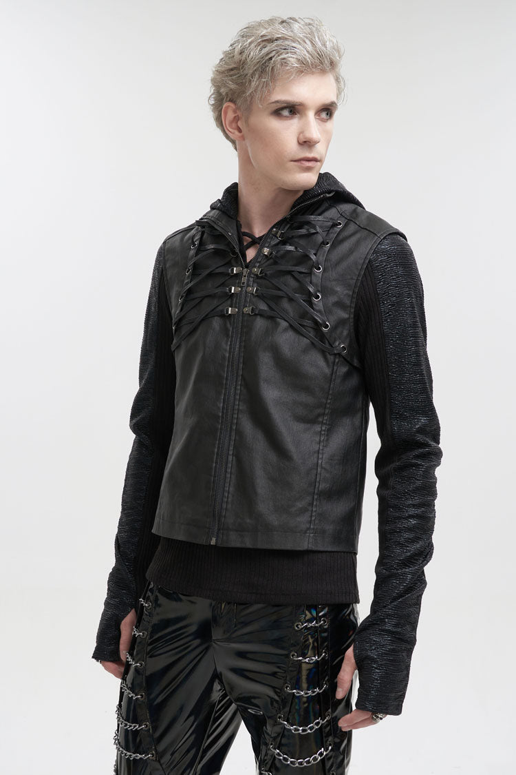 Black Front And Rear String Micro Stretch Cotton Stand Collar Men's Punk Vest - Product - 2
