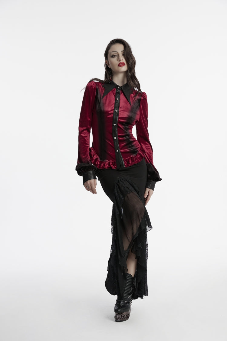 Red Lapel Collar Long Sleeves Lace-Up Slim Women's Gothic Gradient Velvet Blouse - Product - 5