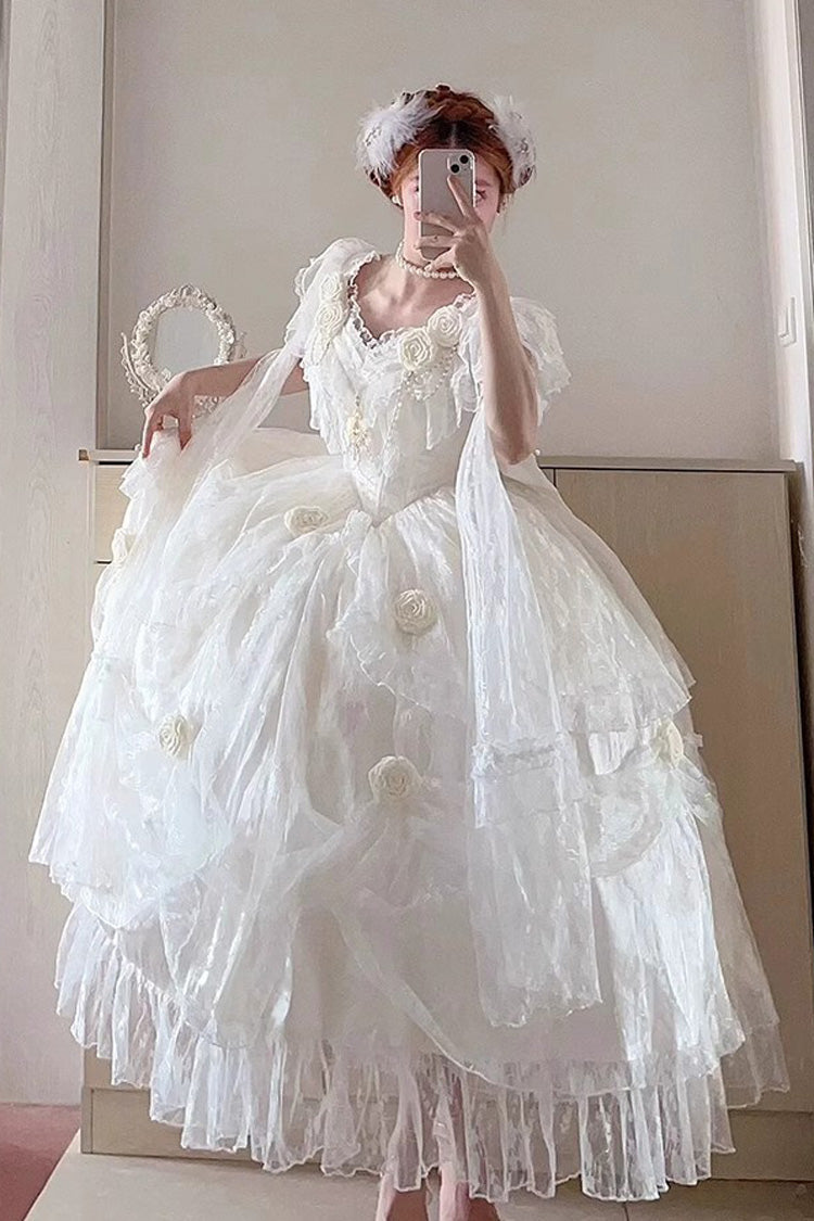 White Tana Manor Rose Flower Long Sleeves Ruffle Bowknot Elegant Sweet Princess Lolita Strapless Dress - Product - 4