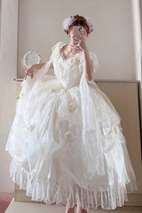 White Tana Manor Rose Flower Long Sleeves Ruffle Bowknot Elegant Sweet Princess Lolita Strapless Dress - Product - 4