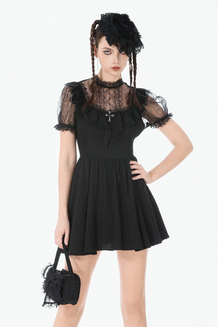 Black Lace Short Sleeves Cross Ruffled Women's Gothic Graduation Dress - Product - 5