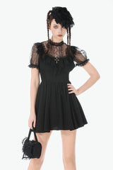 Black Lace Short Sleeves Cross Ruffled Women's Gothic Graduation Dress - Product - 5