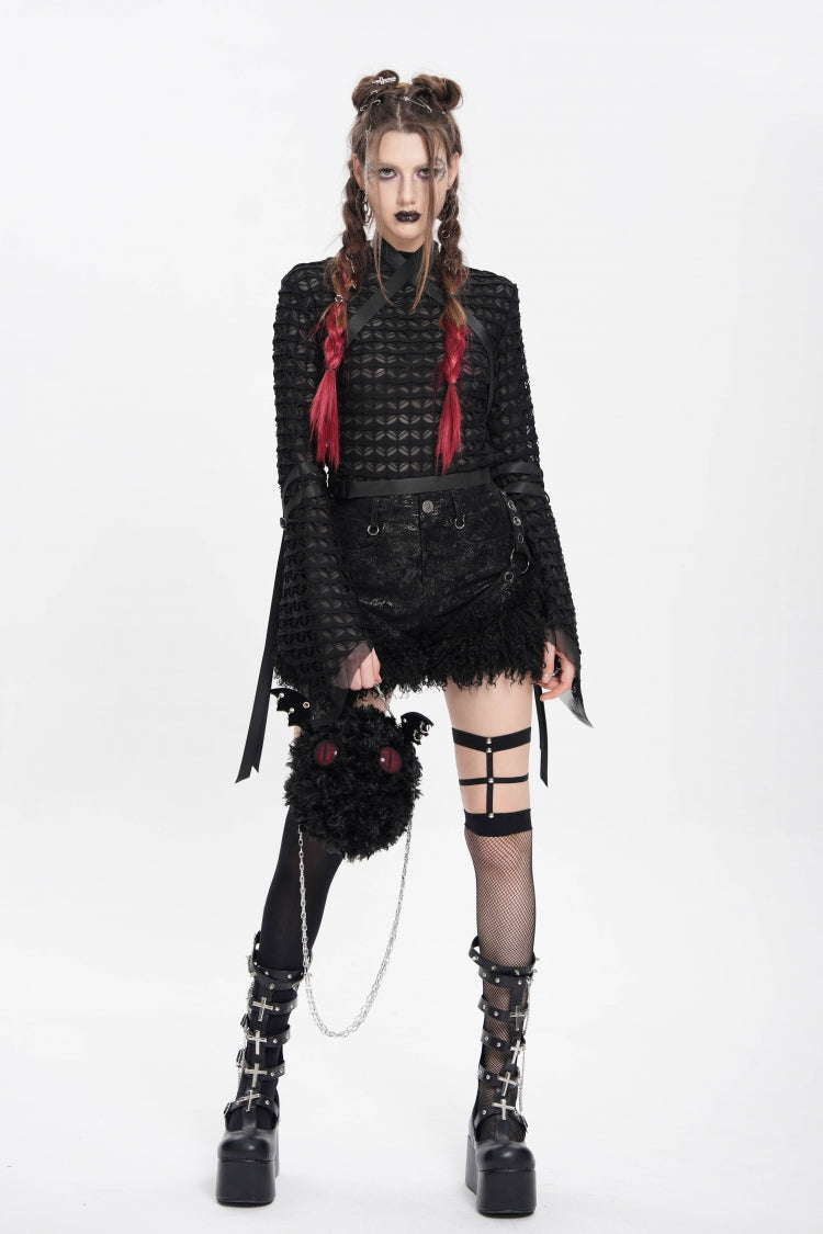 Black Plush Stitching Buckle Straps Women's Punk Shorts - Product - 13