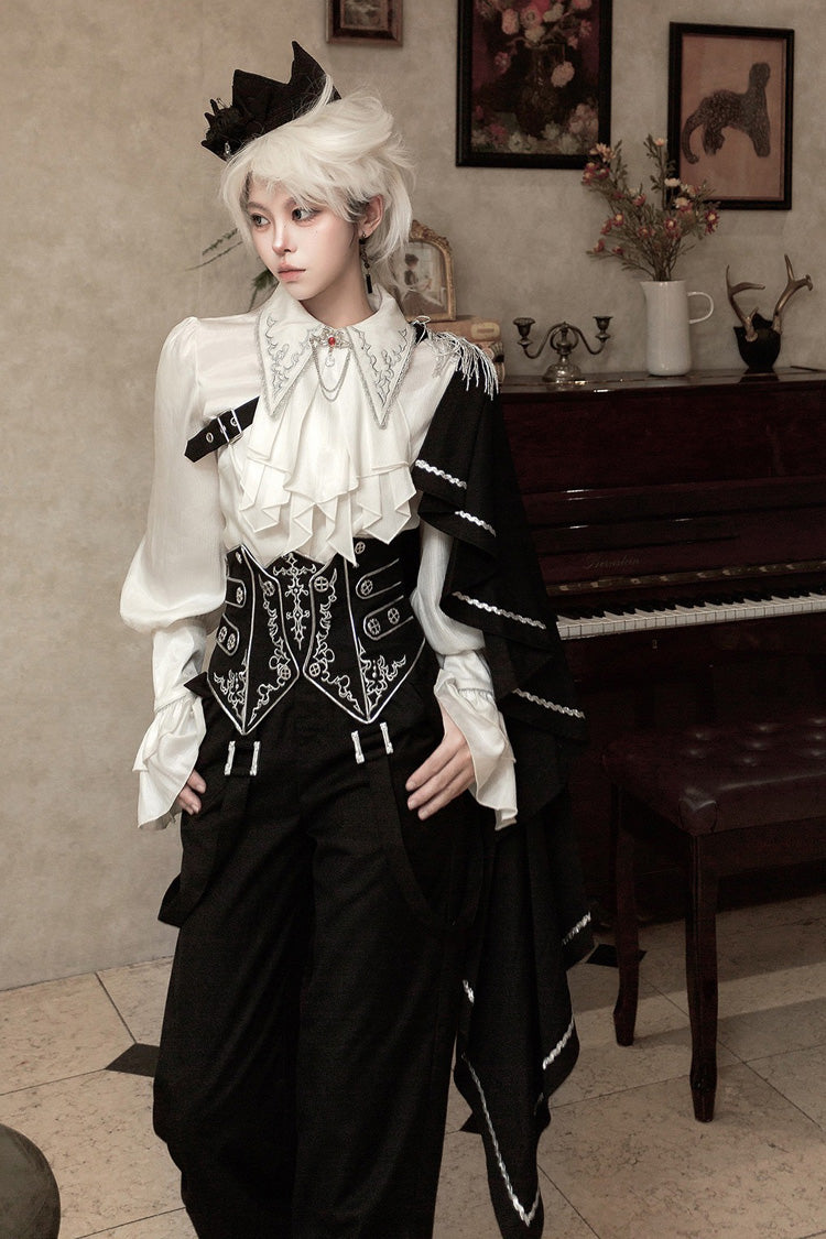 Black/White Embroidery Asymmetric Gothic Prince Handsome Ouji Lolita Set - Product - 9