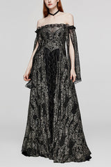 Black/Gold Boat Neck Off Shoulder Print Hollow Stitching Mesh Women's Gothic Dress - Black - 1