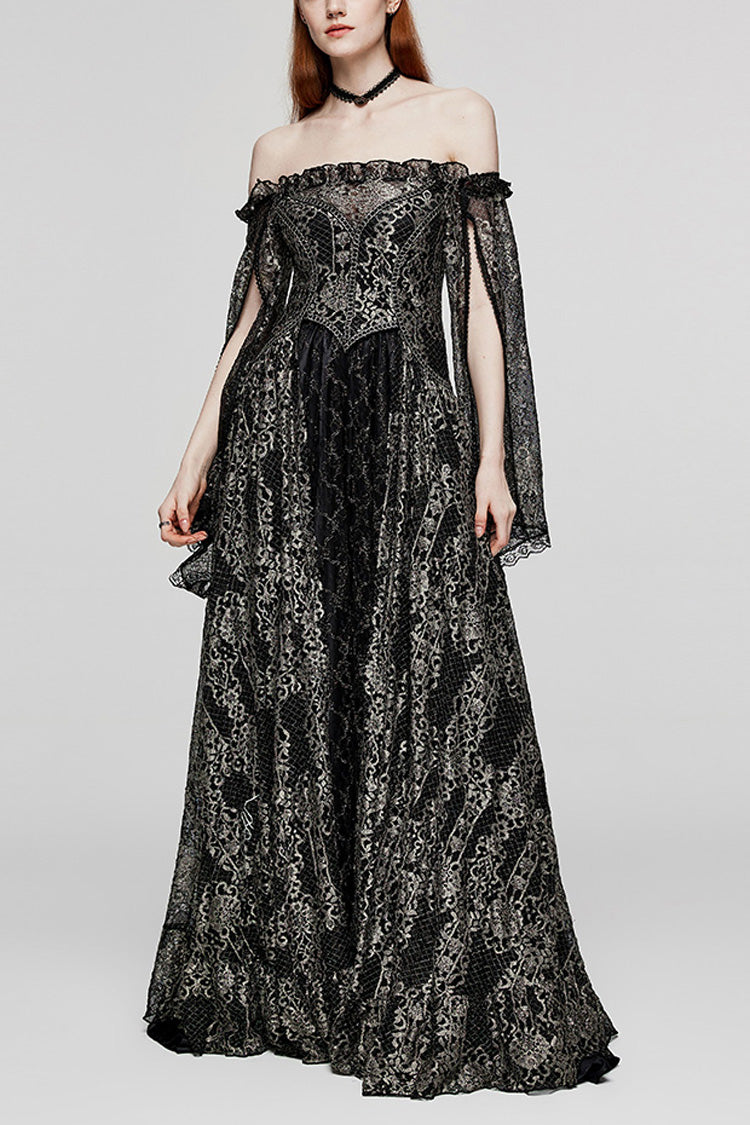 Black/Gold Boat Neck Off Shoulder Print Hollow Stitching Mesh Women's Gothic Dress - Black - 1