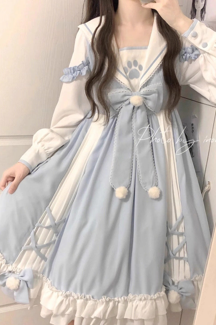 White/Blue Navy Collar Long Sleeves Print Ruffle Bowknot Sweet Princess Lolita Dress - Product - 4