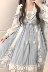 White/Blue Navy Collar Long Sleeves Print Ruffle Bowknot Sweet Princess Lolita Dress - Product - 4