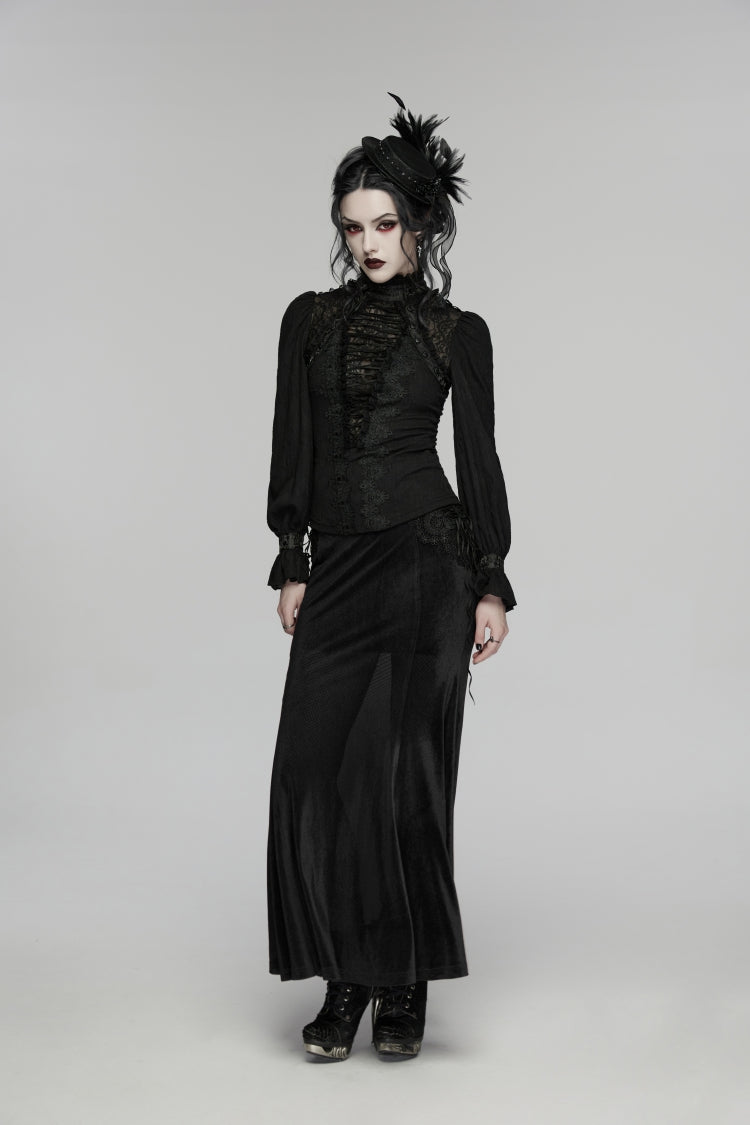 Black Stand Collar Long Sleeves Lace Lace-Up Slim Women's Gothic Blouse - Product - 7