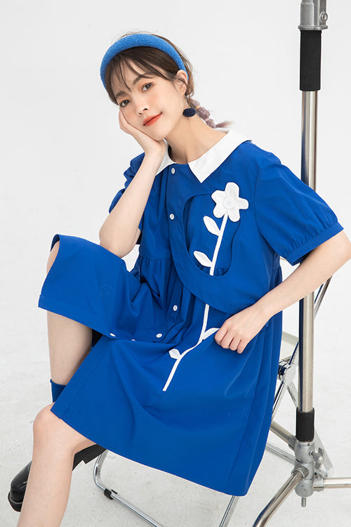 Blue Lapel Collar Short Sleeve High Waist Single Breasted Sweet Lolita Dress - Product - 4