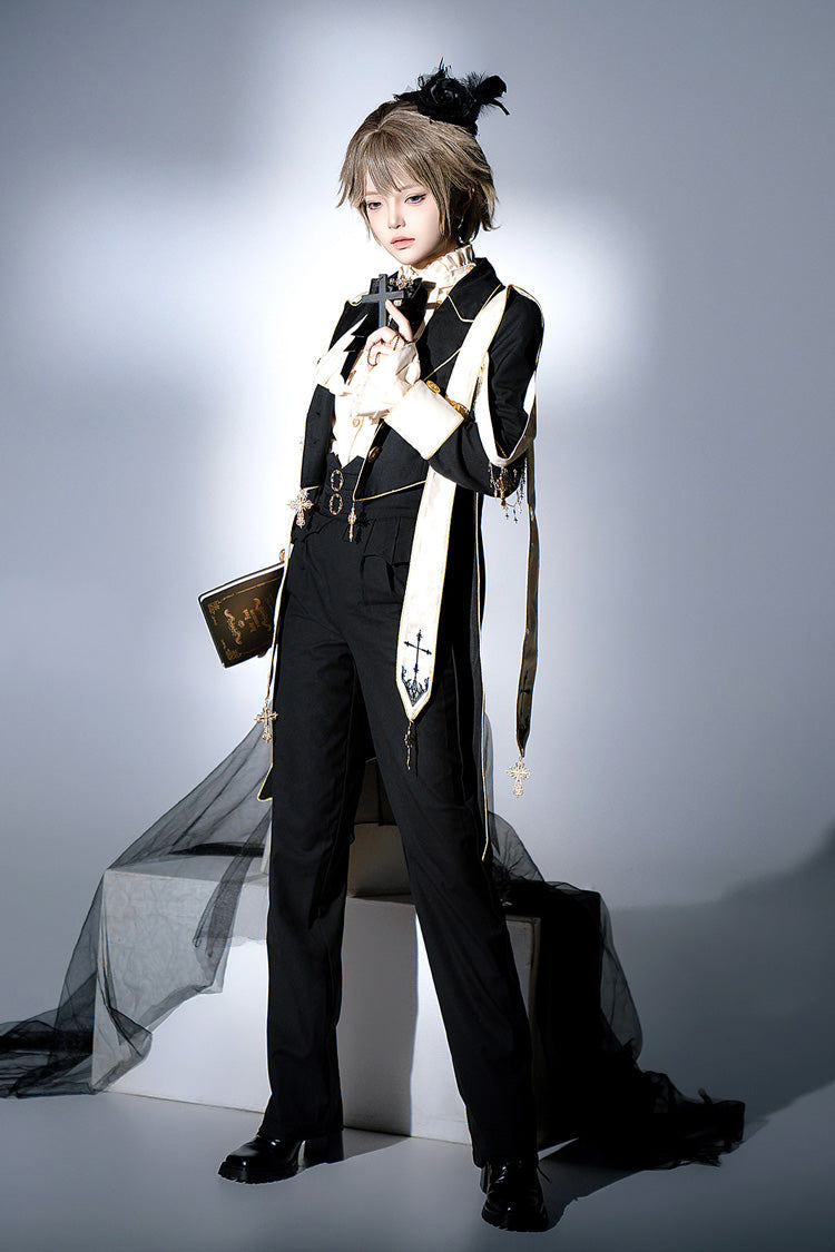 Black Long Sleeves Print Gothic Prince Handsome Ouji Lolita Swallowtail Coat - Product - 7