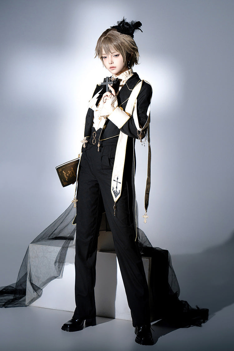 Black Long Sleeves Print Gothic Prince Handsome Ouji Lolita Swallowtail Coat - Product - 7