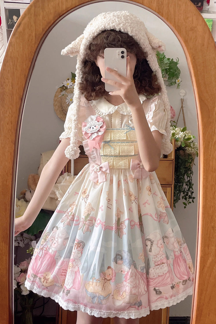 Blau/Rosa Schaf-Walzer-Druck, Rüschen, Schleife, Spitze, süß (Kleid einzeln), Detailansicht 5