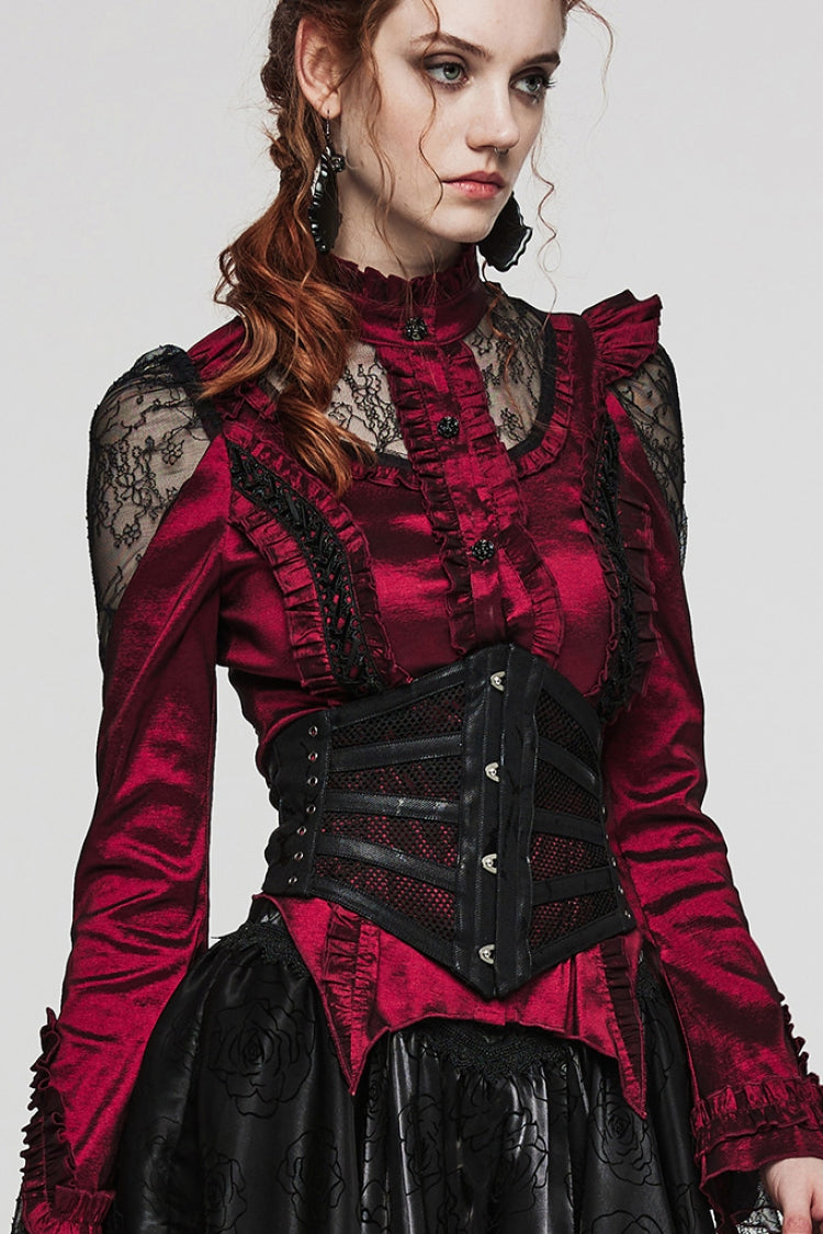 Black Print Leather Hollow Stitching Mesh Women's Gothic Corset - Product - 2