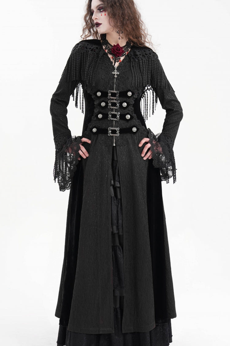 Black Buckle-up Tassels Hooded Women's Gothic Coat - Product - 12