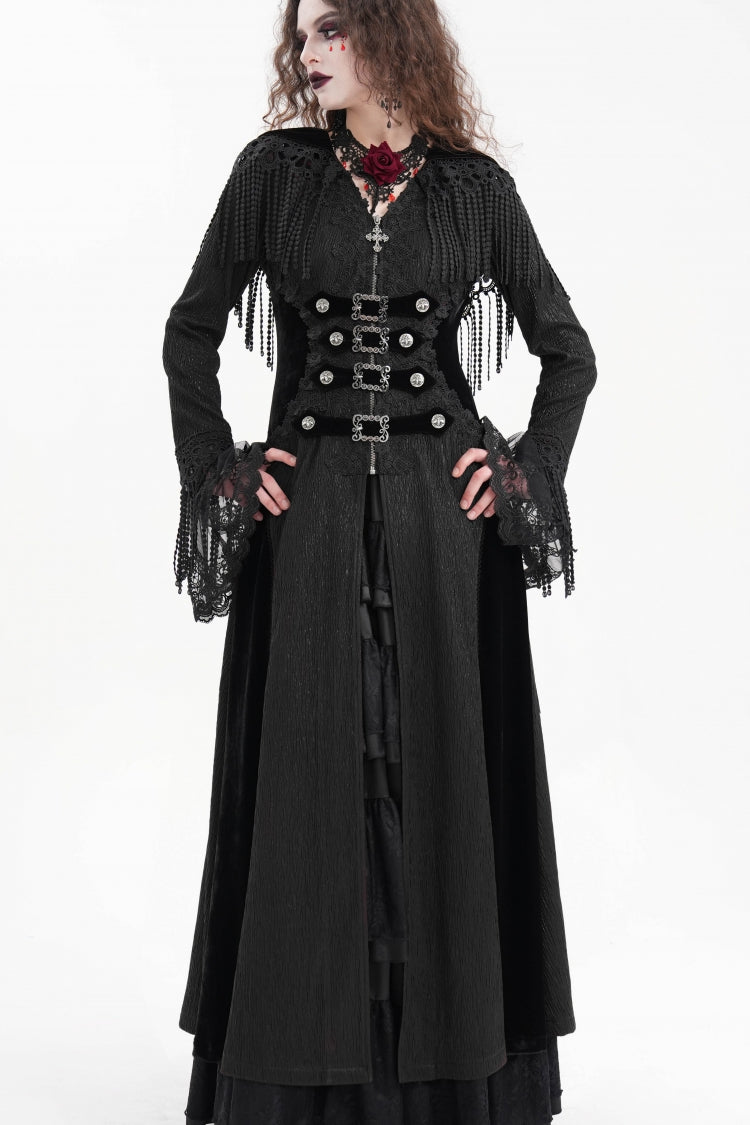 Black Buckle-up Tassels Hooded Women's Gothic Coat - Product - 12