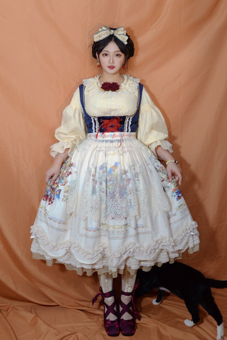Ivory [Ode to Plenty] Berries and Birds Print Ruffle Bowknot Velvet Classic Lolita Breast Support Jsk Dress - Product - 10