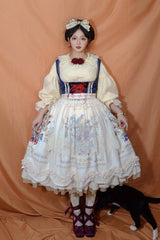 Ivory [Ode to Plenty] Berries and Birds Print Ruffle Bowknot Velvet Classic Lolita Breast Support Jsk Dress - Product - 10