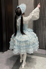 Blue [Sweetheart Diary] Multi-Layered Ruffle Hanayome Embroidery Bowknot Lace Sweet Lolita Jsk Dress - Product - 9