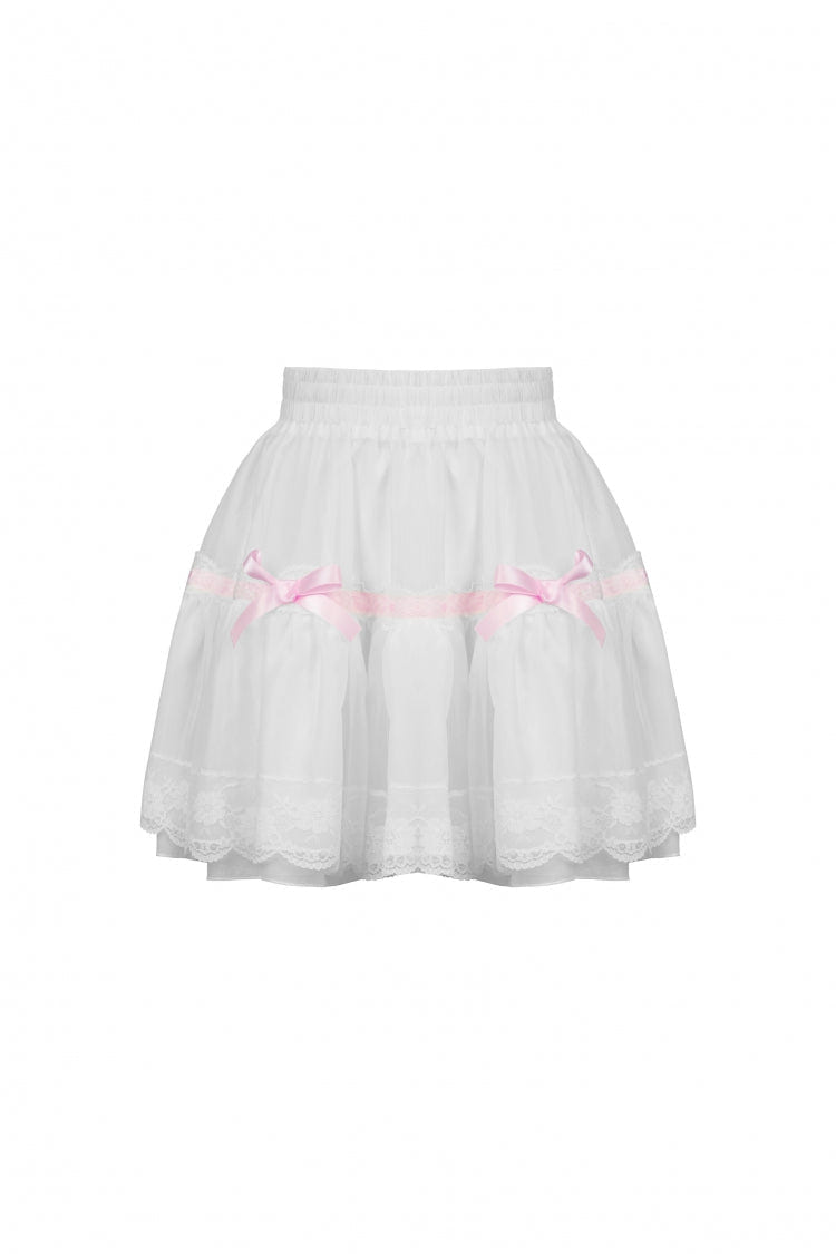 White Women's Gothic Lolita Bowknot Multi-Layered Lace Trim Mini Skirt - Product - 3