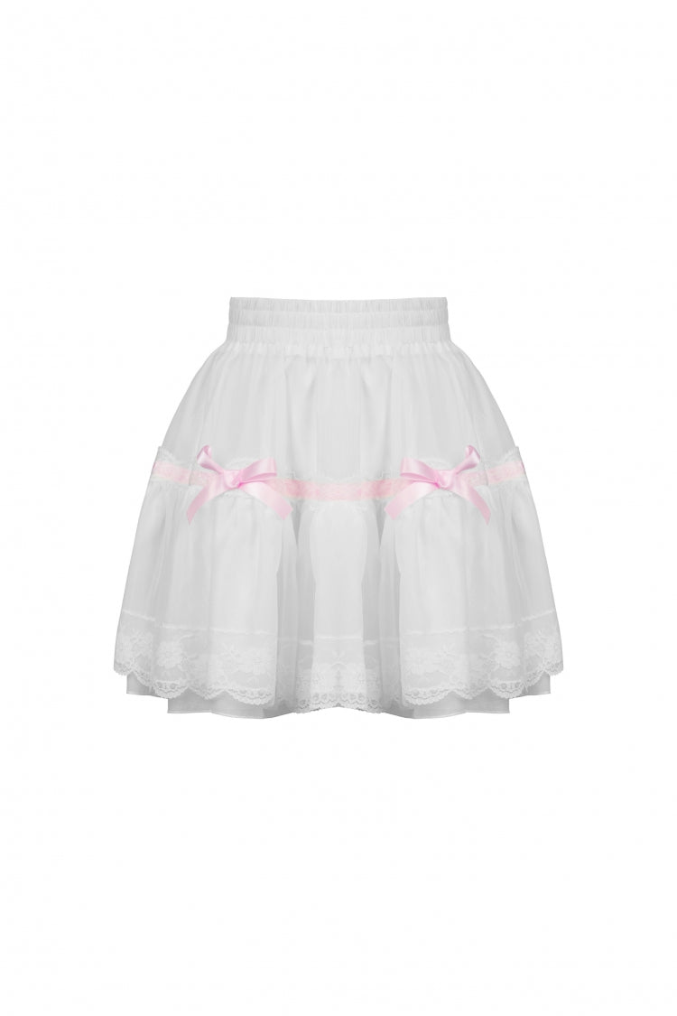 White Women's Gothic Lolita Bowknot Multi-Layered Lace Trim Mini Skirt - Product - 3