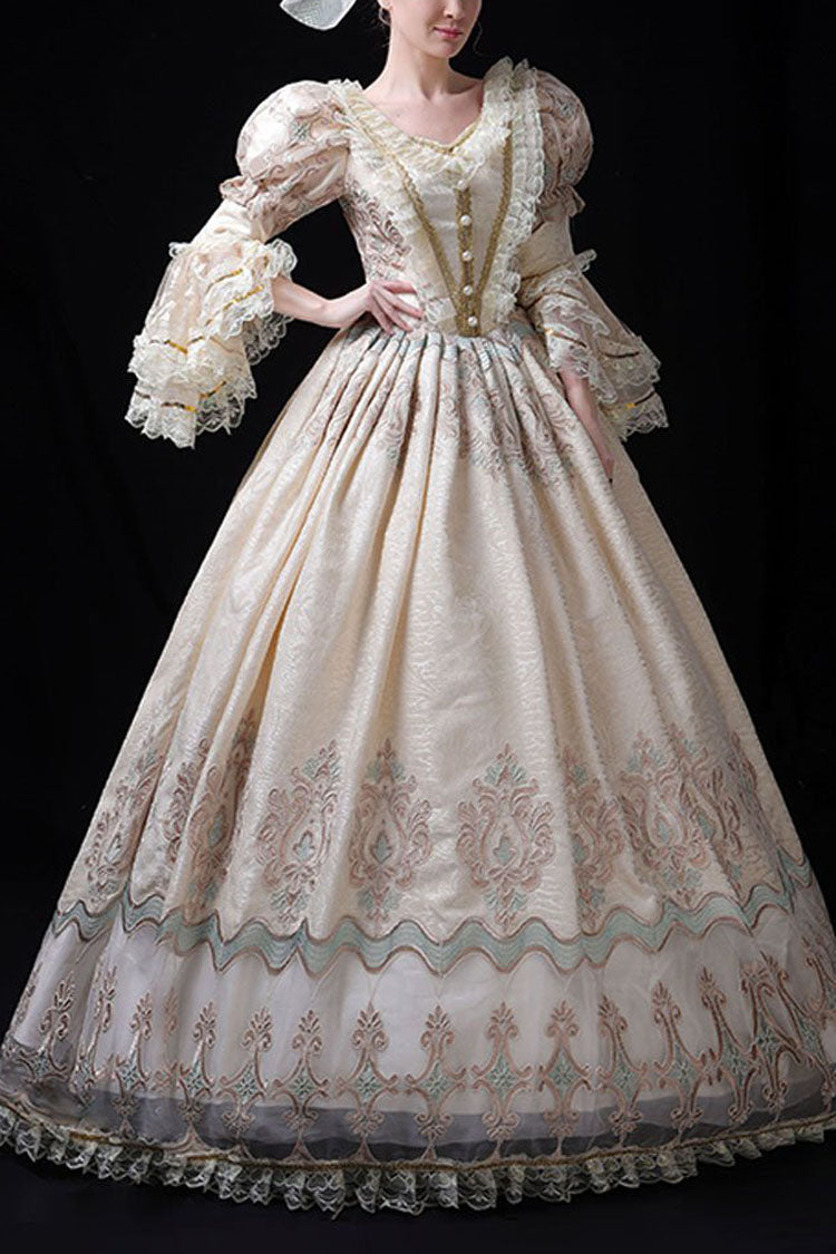Champagne Trumpet Sleeves Lace Stitching High Waisted Hollow Embroidery Print Victorian Lolita Prom Dress - Champagne - 1