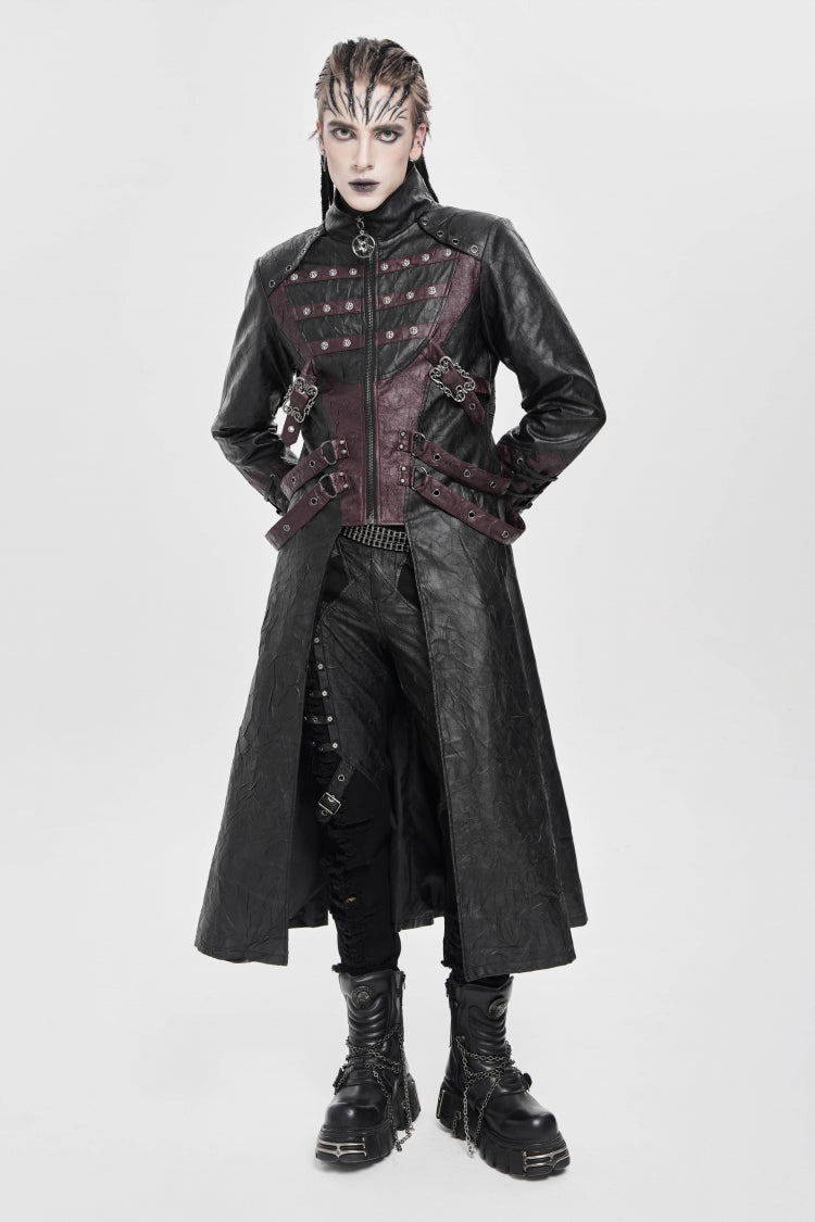 Black/Red Stand Collar Zipper Straps Eyelet Men's Punk Coat - Product - 7