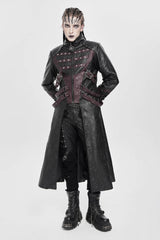 Black/Red Stand Collar Zipper Straps Eyelet Men's Punk Coat - Product - 7