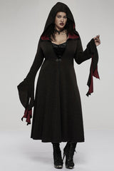 Black/Red Knitted Long Sleeves Big Hat Mystery Witch Rose Pattern Women's Gothic Coat - Product - 2