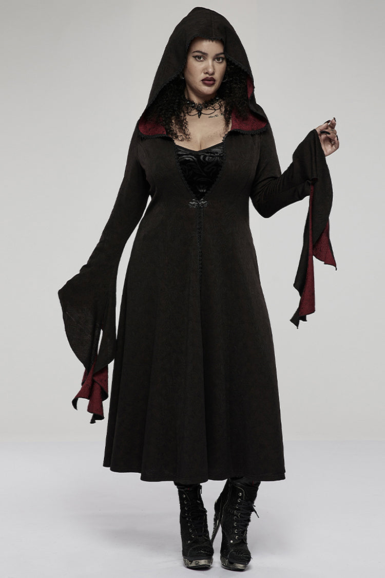 Black/Red Knitted Long Sleeves Big Hat Mystery Witch Rose Pattern Women's Gothic Coat - Product - 2