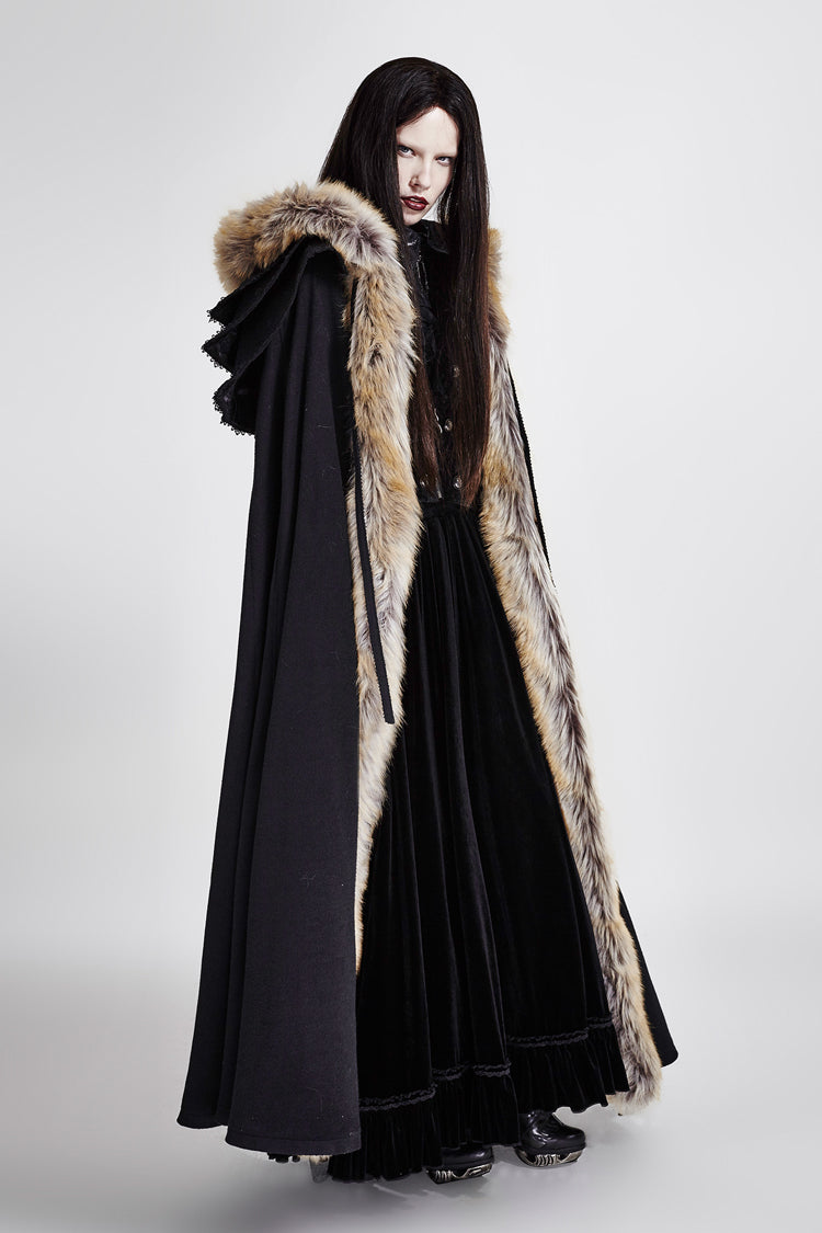 Black Hooded Fur Collar Wool Long Womens Gothic Coat Cloak - Product - 2