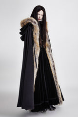 Black Hooded Fur Collar Wool Long Womens Gothic Coat Cloak - Product - 2