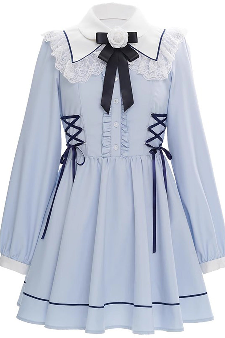 Blue Lapel Collar Long Sleeves Bowknot Lace-Up Jirai Kei Dress - Product - 7