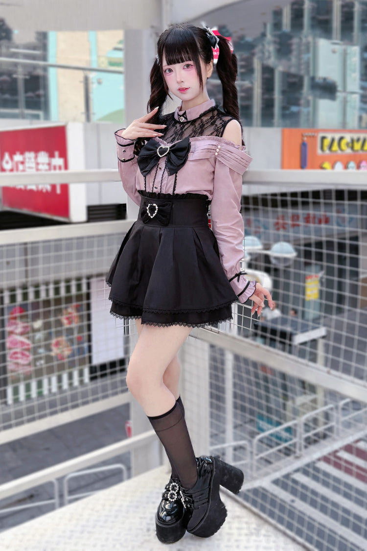 [Frosted Pearl Princess] Round Collar Off Shoulder Long Sleeves Bow Lace Sweet Jirai Kei Japanese Skirt Set 2 Colors - Product - 2