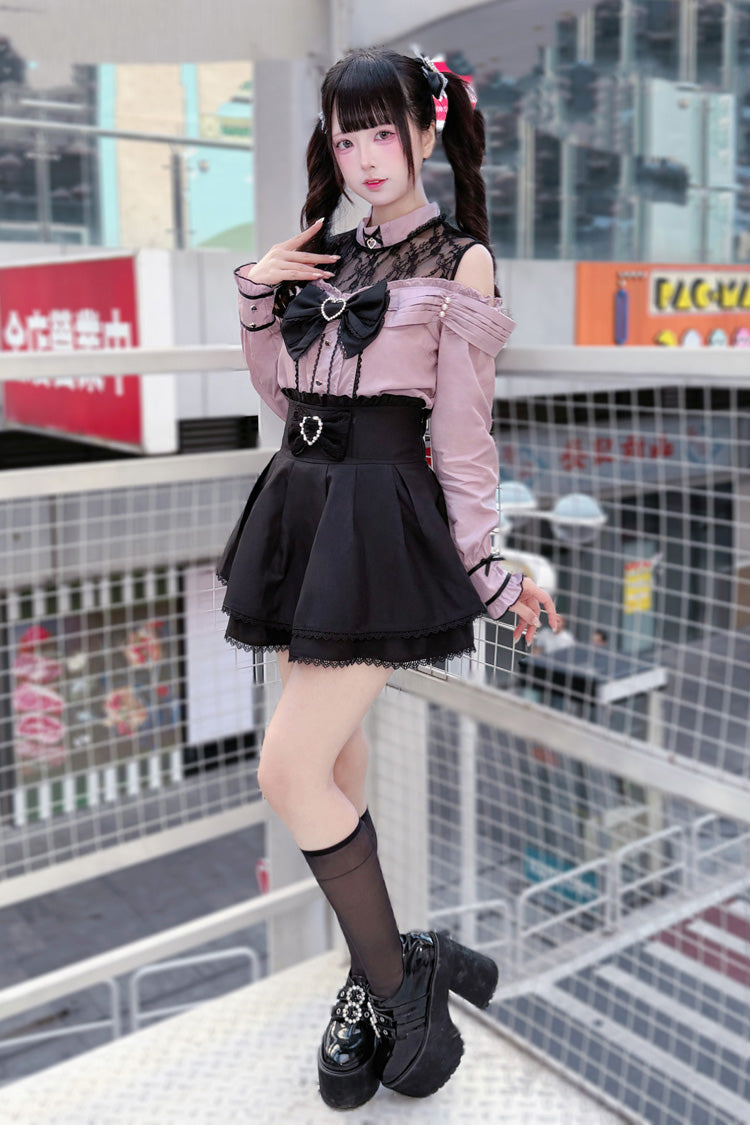 [Frosted Pearl Princess] Round Collar Off Shoulder Long Sleeves Bow Lace Sweet Jirai Kei Japanese Skirt Set 2 Colors - Product - 2