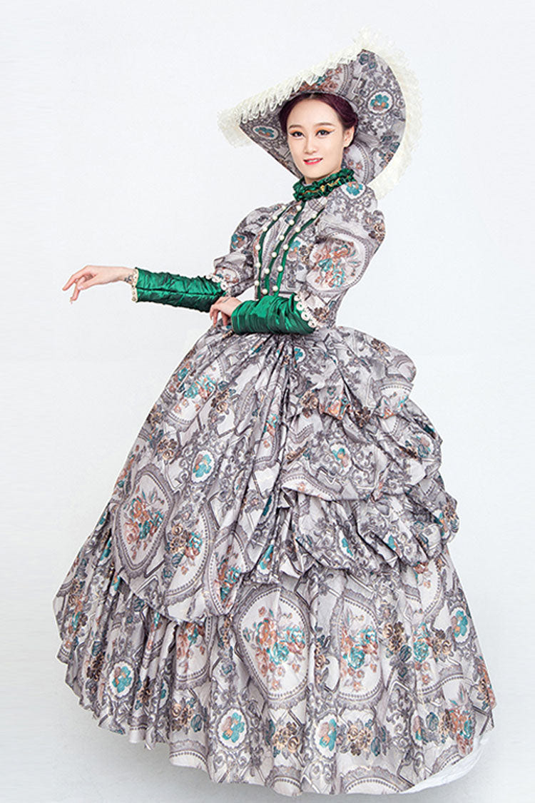 Gray Long Sleeves High Collar Embroidery Floral Print Wave Fold Victorian Lolita Prom Dress - Product - 4