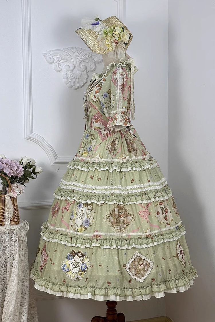 Green [Cat Rose Tea] Short Sleeves Print Ruffle Cardigan Bowknot Sweet Gorgeous Lolita Dress - Product - 15