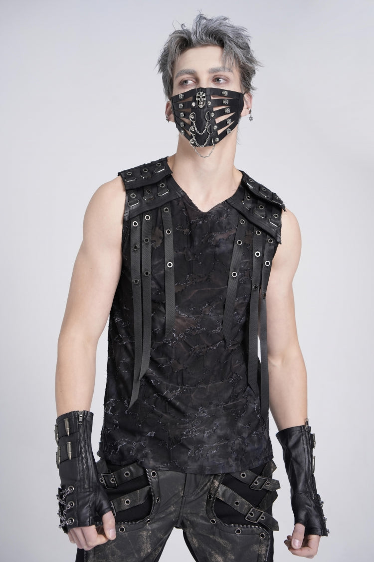 Black Sleeveless Eyelet Strap Distressed Men's Gothic Vest - Black - 1