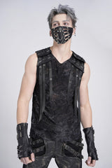 Black Sleeveless Eyelet Strap Distressed Men's Gothic Vest - Black - 1