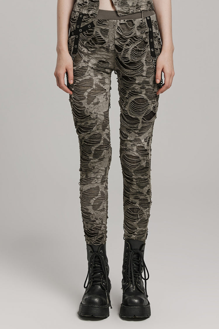 Slim Ripped Eyelet Chain Women's Steampunk Leggings 2 Colors - Black/Coffee - 9