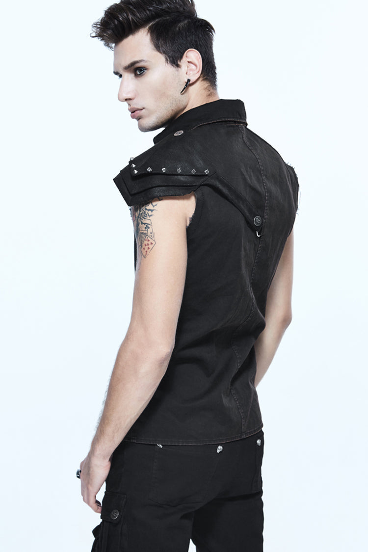 Black Sleeveless Twill One-Shoulder Armor Heat Seal Men's Punk Shirt - Product - 5
