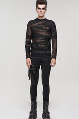 Black Gothic Bandage Design Net Yarn Perspective Men's Sweater - Product - 4