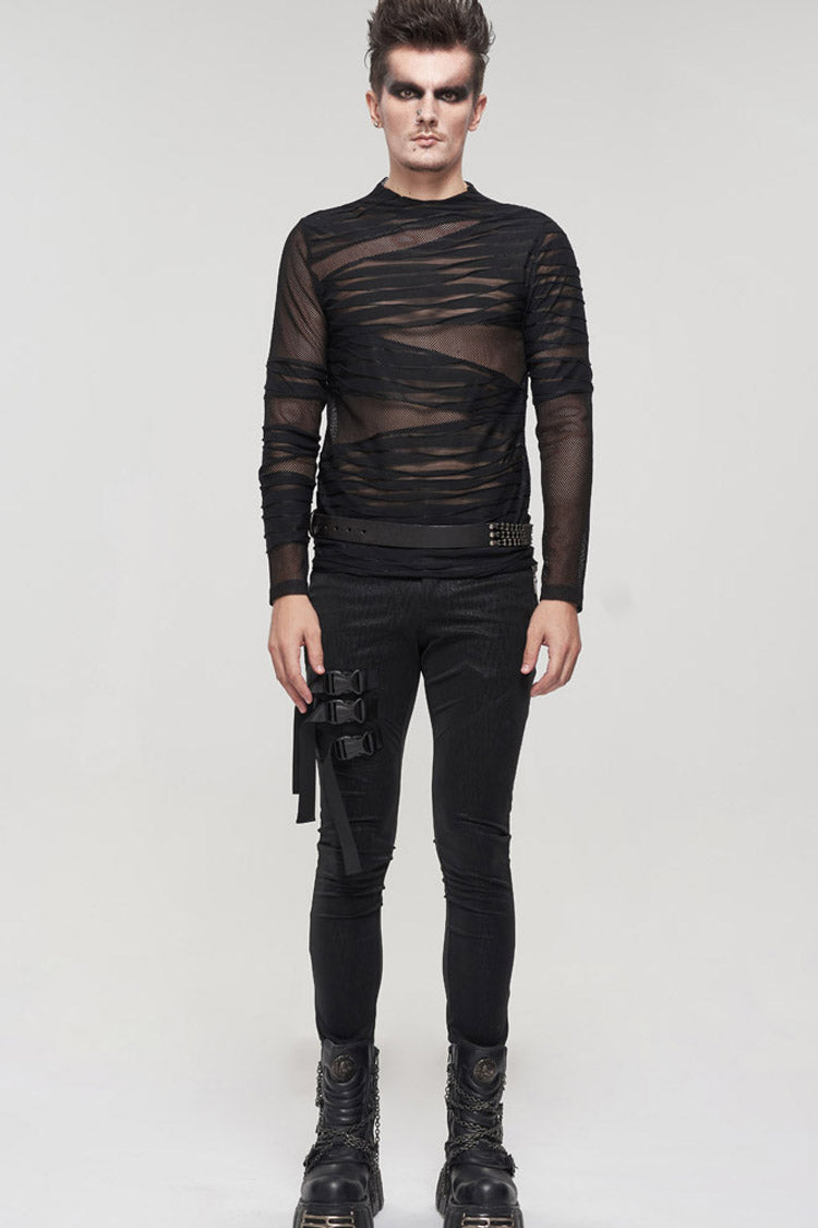 Black Gothic Bandage Design Net Yarn Perspective Men's Sweater - Product - 4