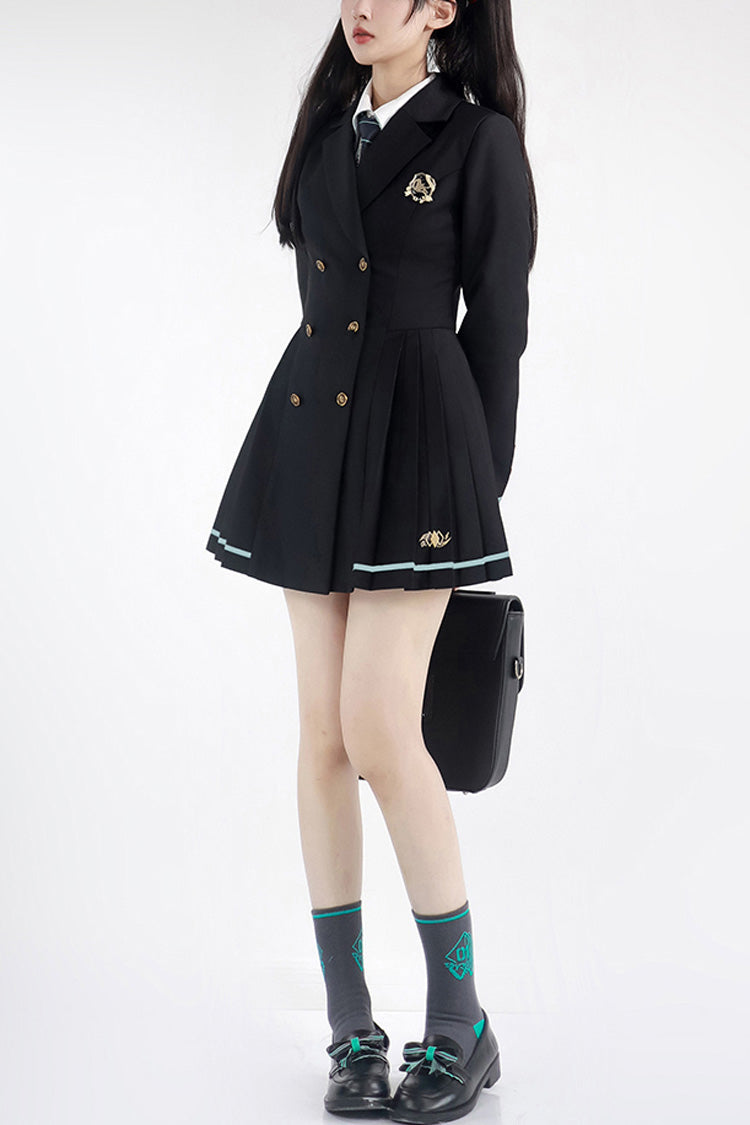 Black Long Sleeves Ginkgo Leaves Japanese School Suit Dress - Black - 1