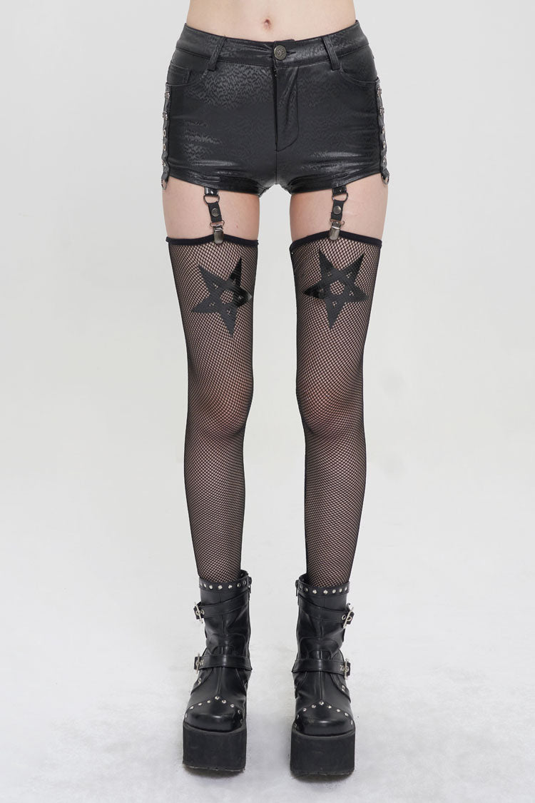 Black Faux Leather Pentagram With Stockings Women's Punk Shorts - Black - 1