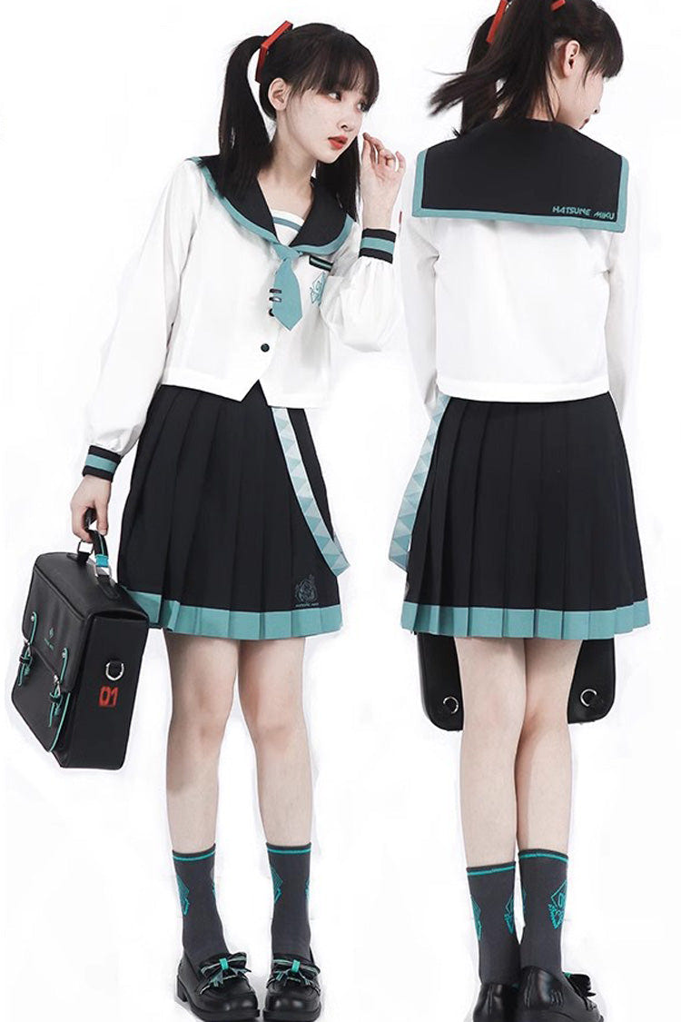 Black/White Long Sleeves College Style Sailor Japanese School Pleated Skirt - Product - 3