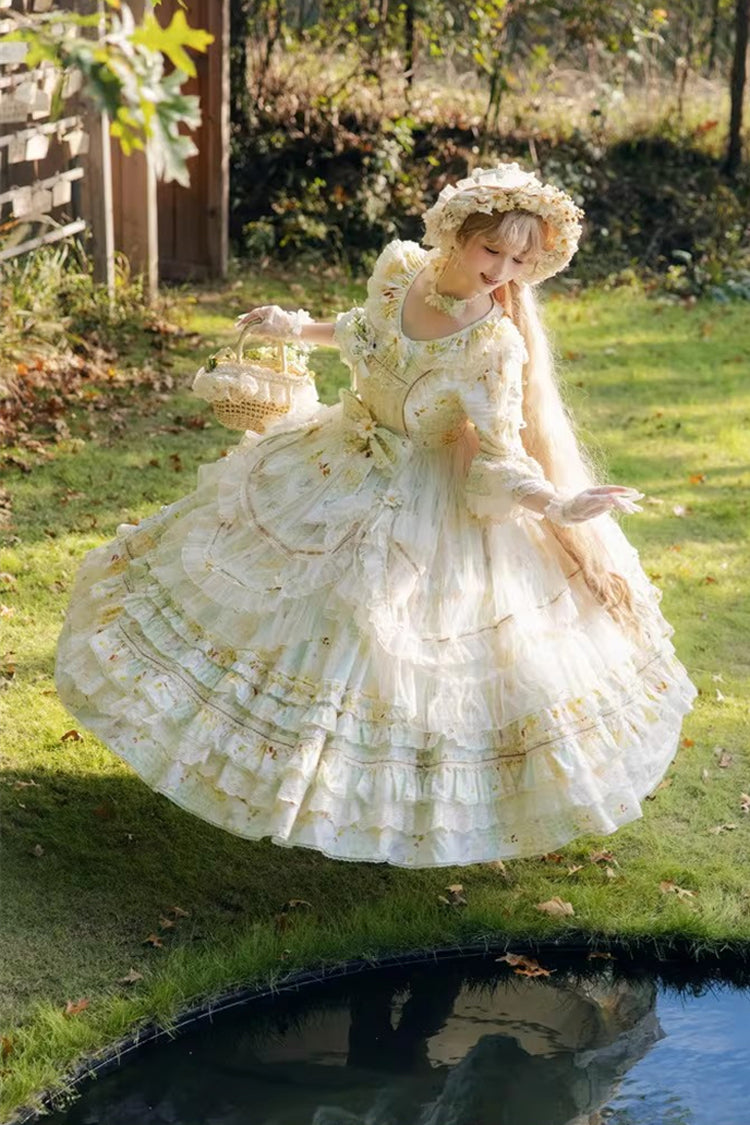 Green [Little Daisy] Lapel Collar Half Sleeves Multi-Layered Printed Bow Lace Princess Gorgeous Plus Size Sweet Lolita Dress - Product - 11